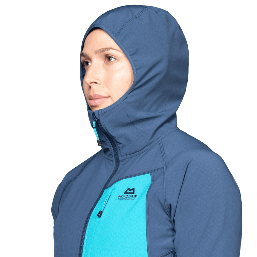 Mountain Equipment Arrow Hooded Women's Jacket Outdoor Action Dusk/Topaz- Elastane-bound Hood