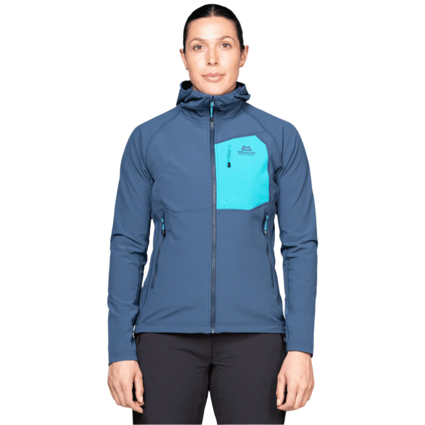 Mountain Equipment Arrow Hooded Women's Jacket Outdoor Action Dusk/Topaz- Front Fit
