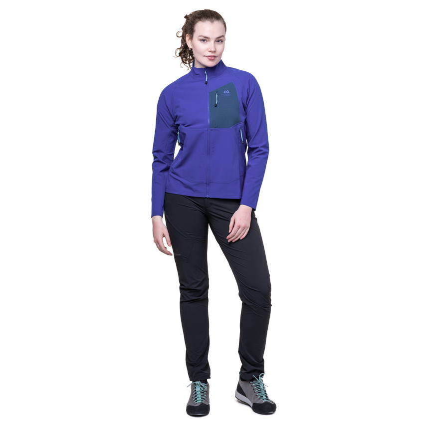 Mountain Equipment Arrow Women's Jacket Outdoor Action Clematis/Dusk- Front Fit on Model