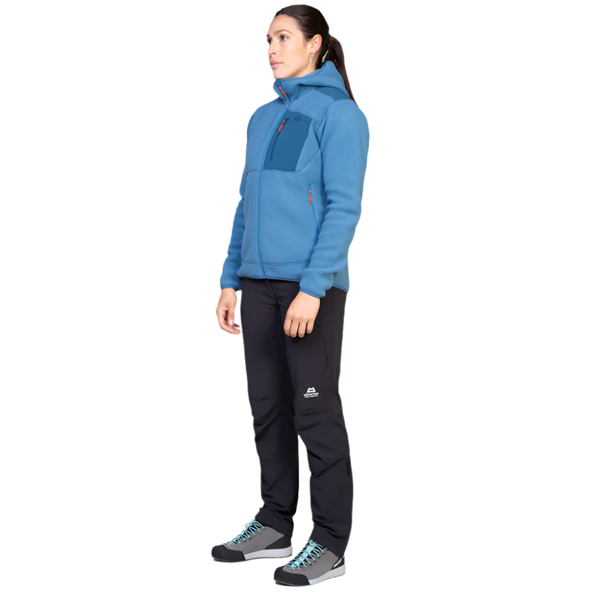Mountain Equipment Highpile Hooded Women's Jacket Outdoor Action Stellar/Majolica Blue- Side fit on Model
