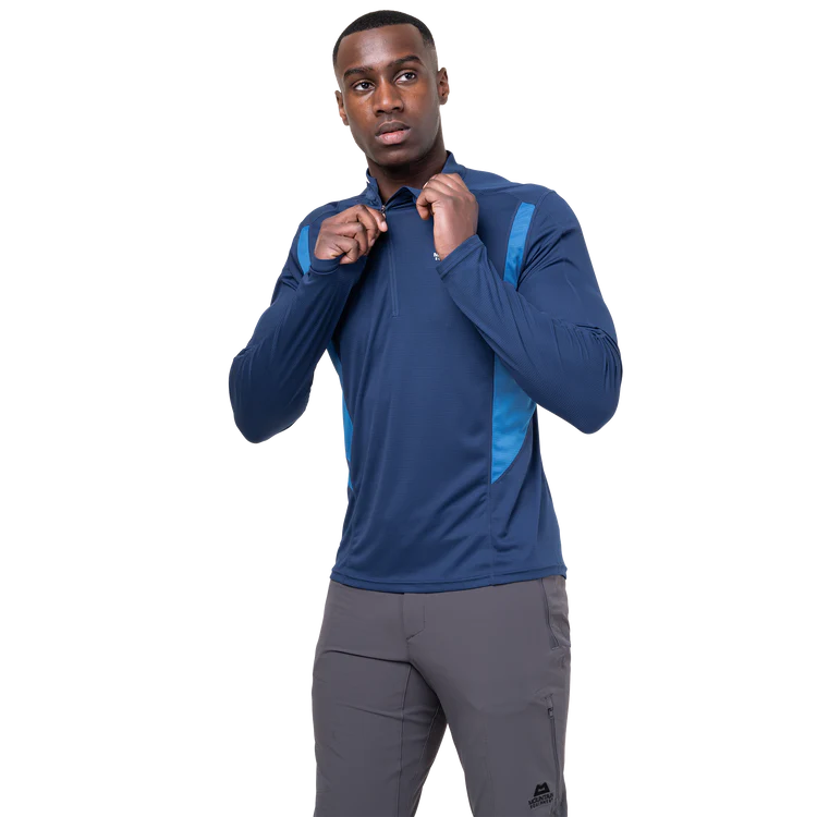 Mountain Equipment Ignis Long Sleeve Men's Zip Tee Outdoor Action Admiral/Atlantic- Centre front zip