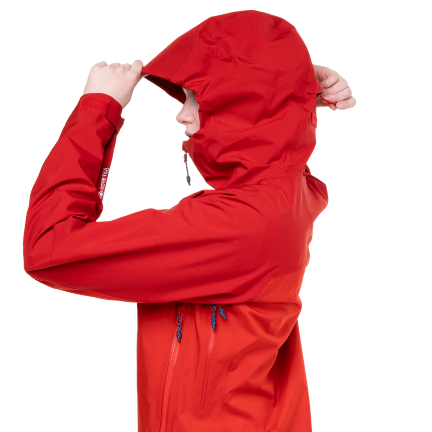 Mountain Equipment Manaslu Women's Jacket Outdoor Action Chili/Crimson- Hood Adjuster Cord Channels