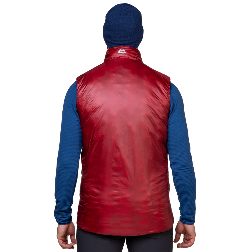 Mountain Equipment Oreus Men's Vest Outdoor Action Merlot/Admiral Blue- Back Fit on Model