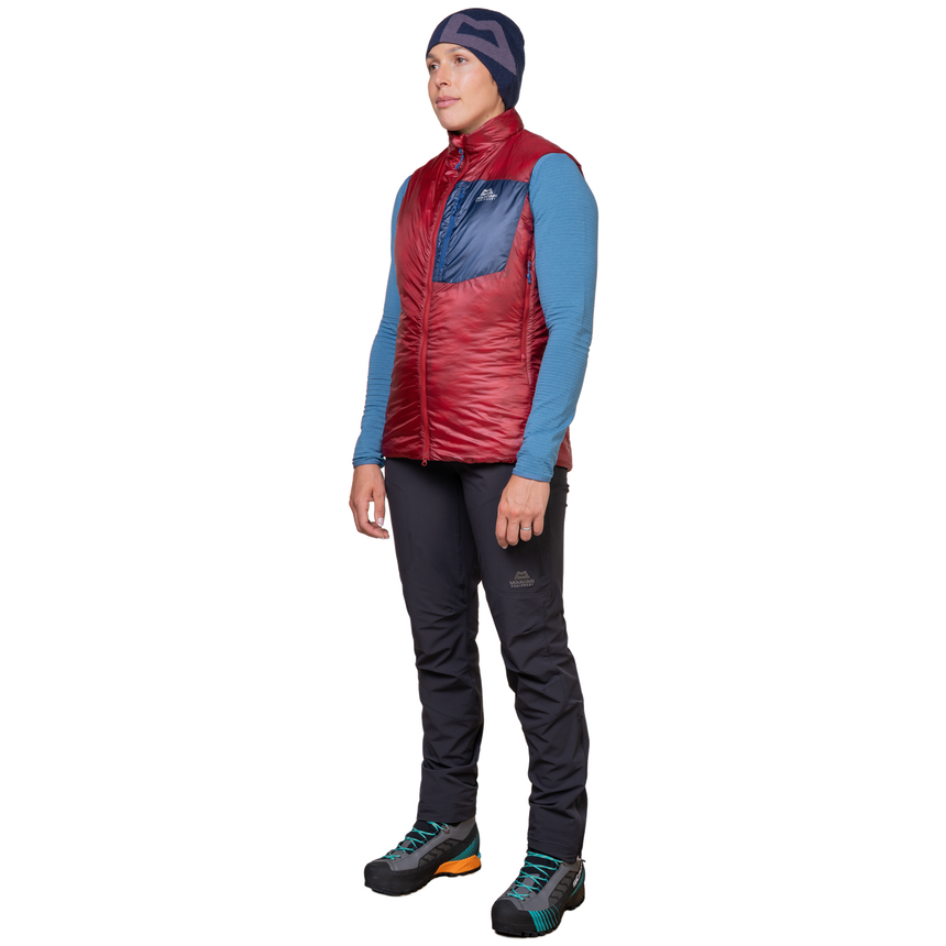 Mountain Equipment Oreus Women's Vest Outdoor Action Merlot/Admiral Blue - Full View on Model