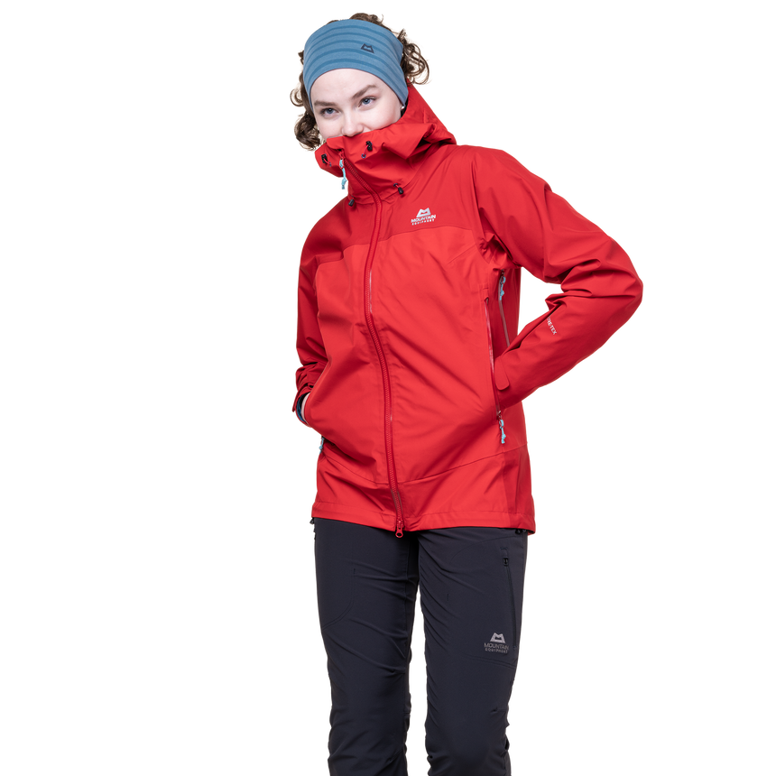 Mountain Equipment Saltoro Women’s Jacket Outdoor Action Imperial Red/Crimson - Front View on Model