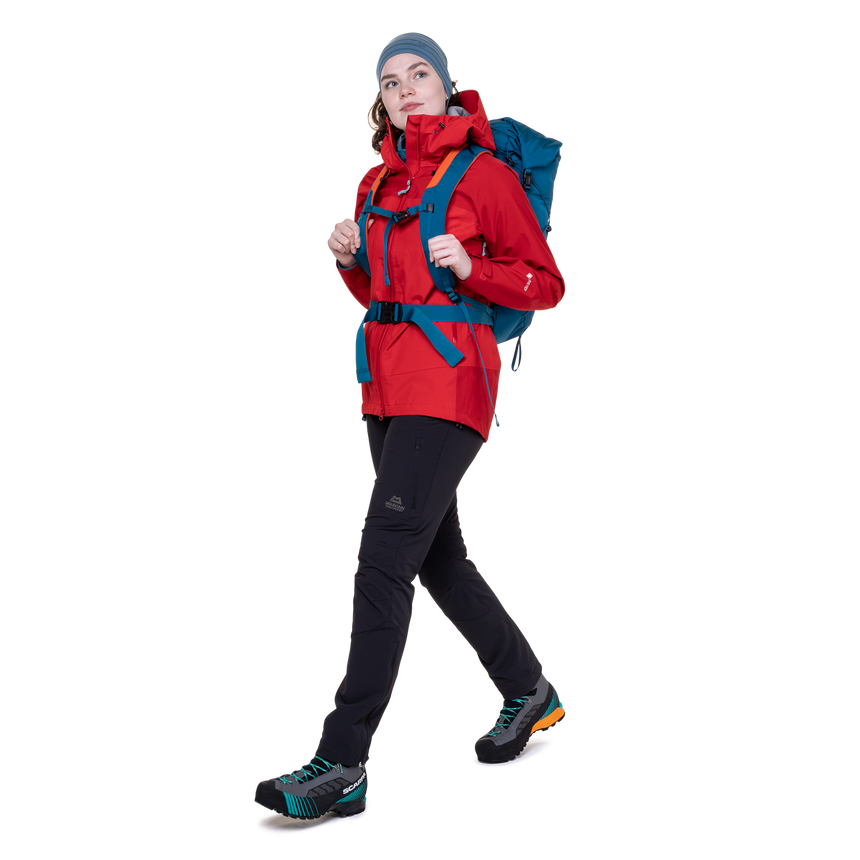 Mountain Equipment Saltoro Women’s Jacket Outdoor Action Imperial Red/Crimson - Full View on Model