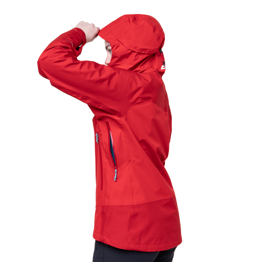 Mountain Equipment Saltoro Women’s Jacket Outdoor Action Imperial Red/Crimson - Back View on Model