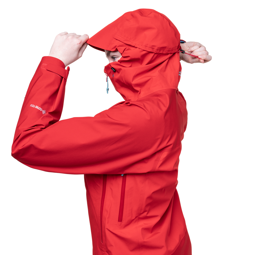 Mountain Equipment Saltoro Women’s Jacket Outdoor Action Imperial Red/Crimson - Back View on Model