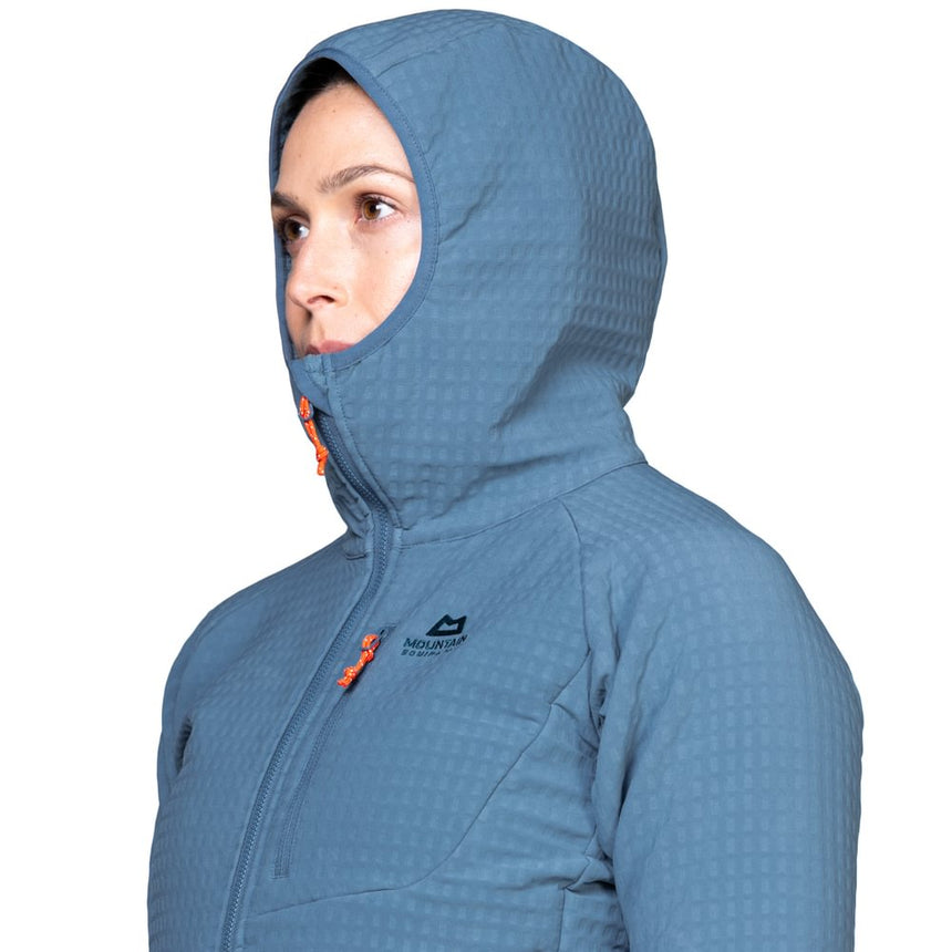 Mountain Equipment Shroud Hooded Women's Jacket Outdoor Action Stellar Blue- hood