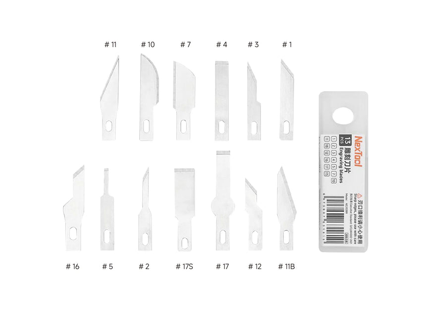 Nextool Engraving Blades Specifications - Complete 13-Piece Carbon Steel Kit with All Features and Blade Profiles