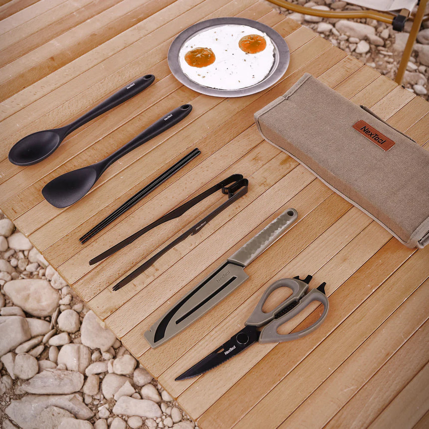 Nextool Outdoor Cooking Set Contents - All 6 Tools Organised in Compact Roll-Up Storage