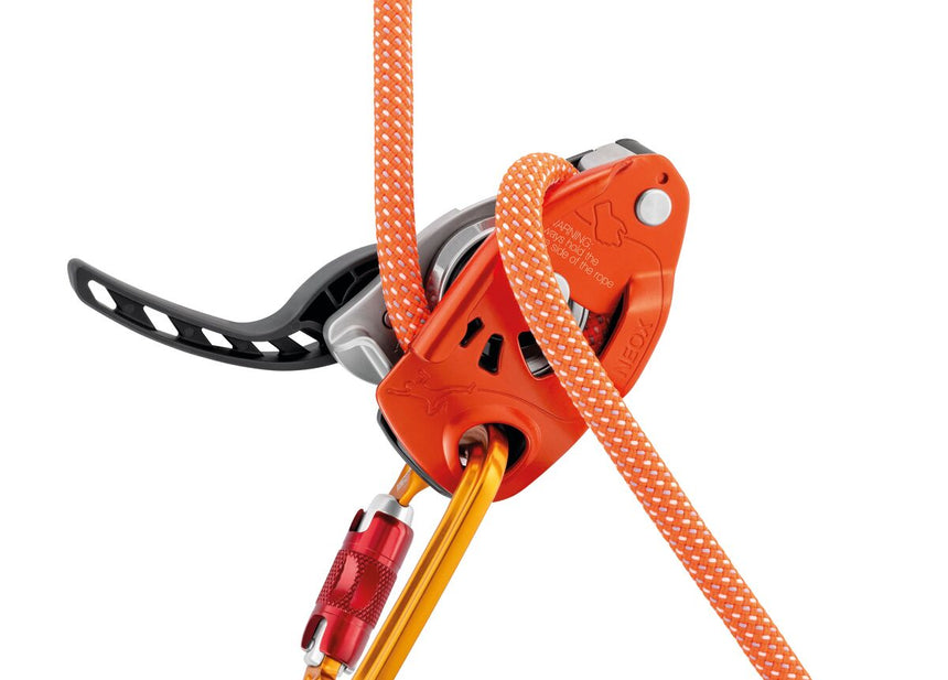 Petzl Neox Belay Device Orange - Rope Attachment with Carabiner