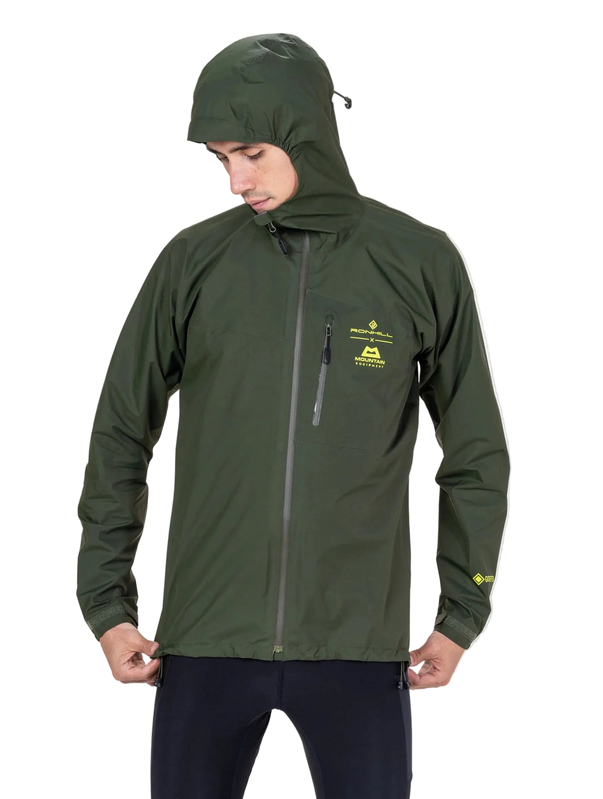 Ronhill Men's Tech GORE-TEX Mercurial Jacket 2 in Kelp/Zest - worn, hood up