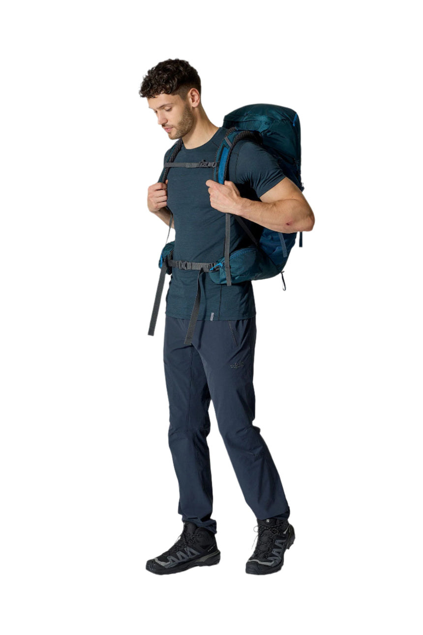Rab Exion 38L Hiking Pack in Tempest Blue - On Model Three Quarter View