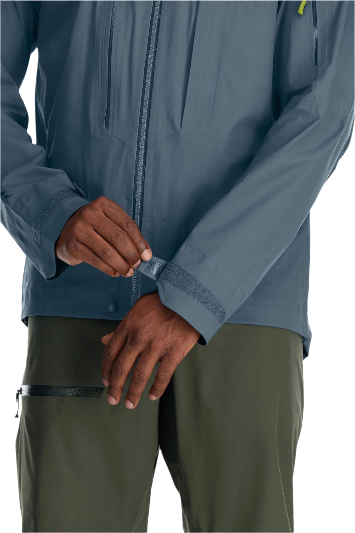 Rab Men's Khroma Kinetic Waterproof Ski Jacket in Orion Blue - cuff detail, worn