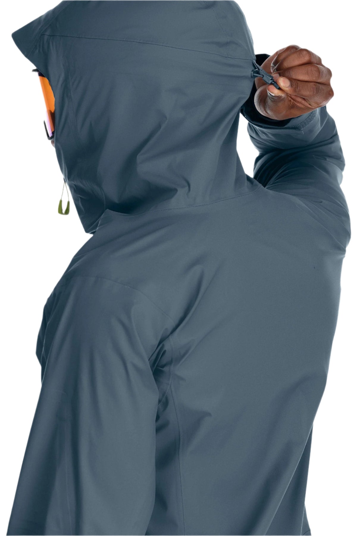 Rab Men's Khroma Kinetic Waterproof Ski Jacket in Orion Blue - hood detail, worn