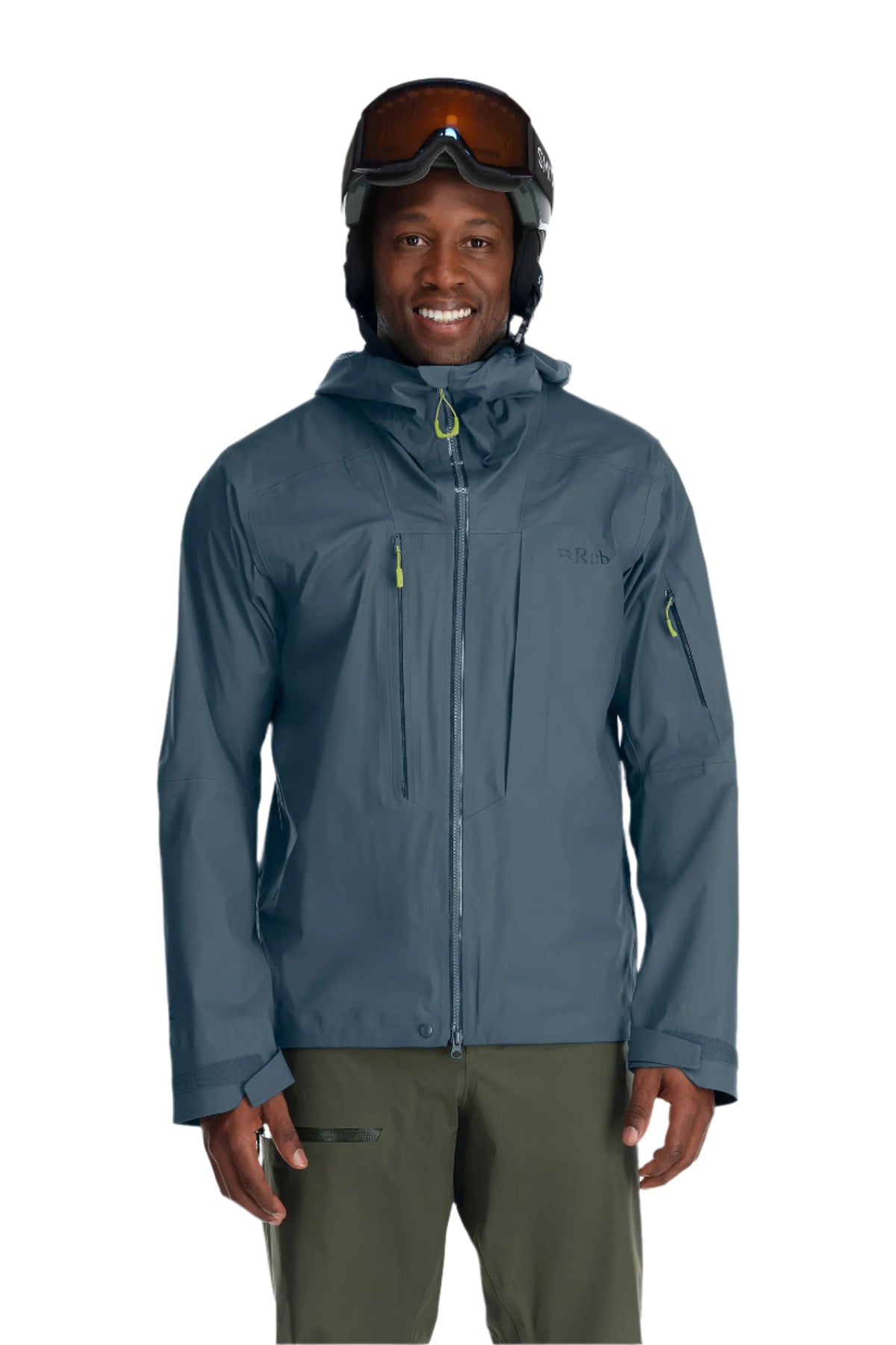 Rab Men's Khroma Kinetic Waterproof Ski Jacket in Orion Blue - worn, front, with helmet