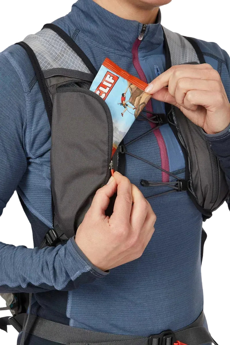 Rab Latok 20L Mountain Pack in Pewter/Graphene - On Model Harness Pocket Access Alt