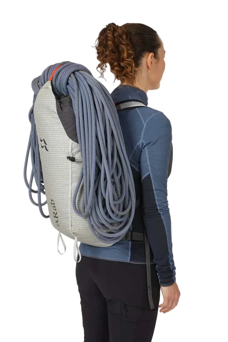 Rab Latok 20L Mountain Pack in Pewter/Graphene - On Model Side View with Rope