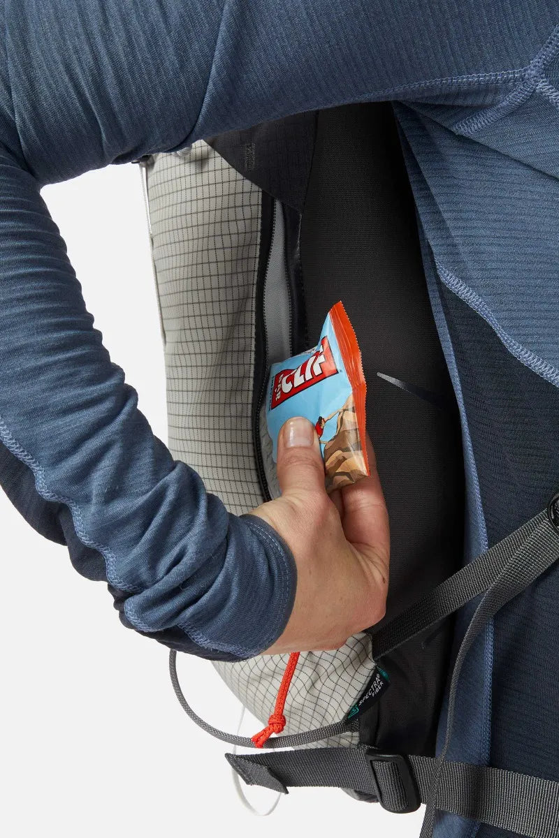 Rab Latok 20L Mountain Pack in Pewter/Graphene - On Model Waist Belt Detail