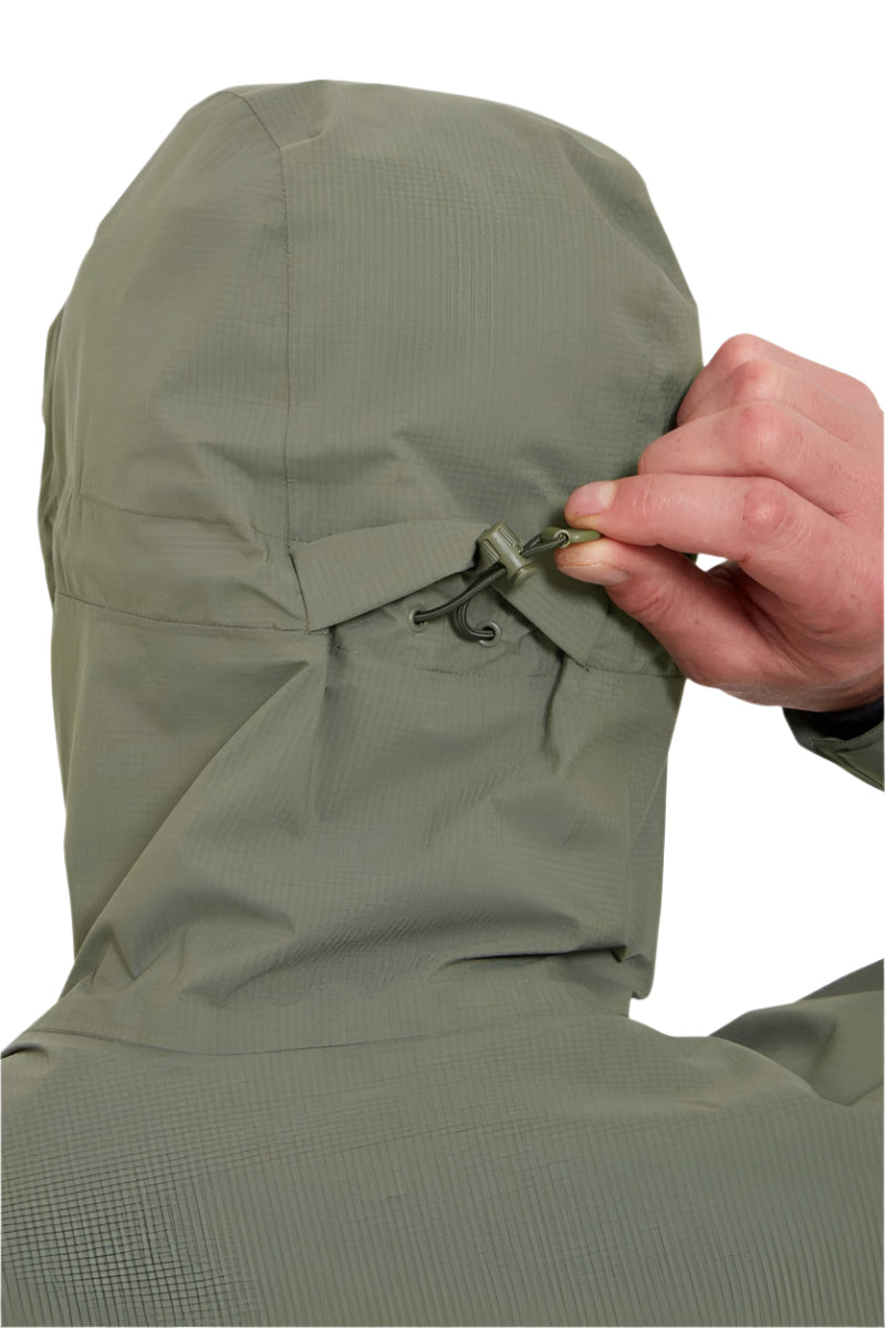 Rab Men's Downpour Light Waterproof Jacket in Light Khaki - hood cinch detail, worn (reference only, not a stocked colour)