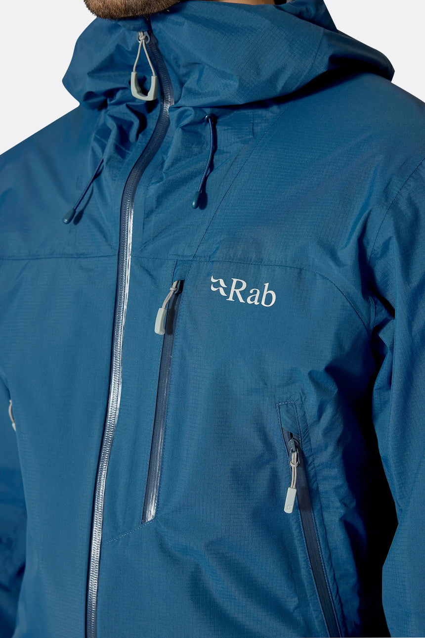 Rab Men's Downpour Mountain Waterproof Jacket in Tempest Blue - collar and zip detail
