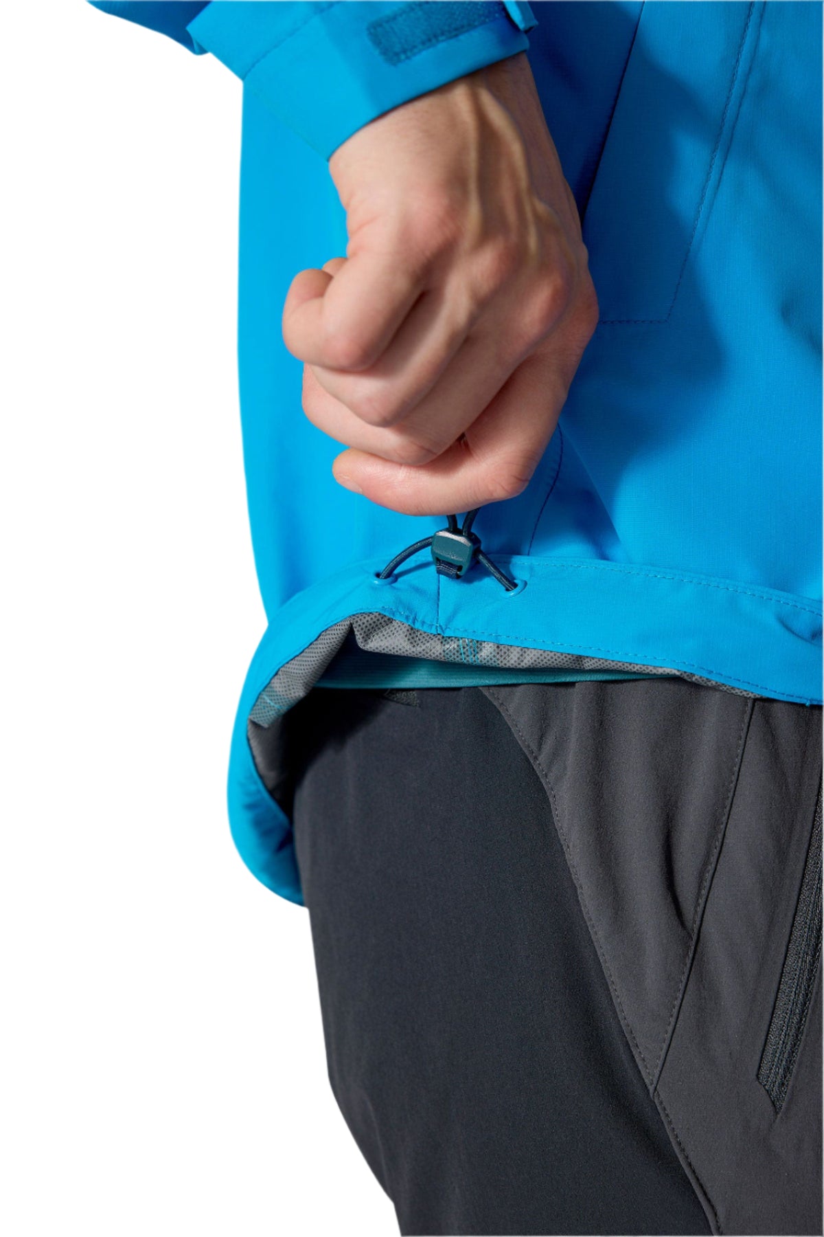 Rab Men's Downpour Waterproof Jacket in Maya Blue - cuff detail, worn, alternate view