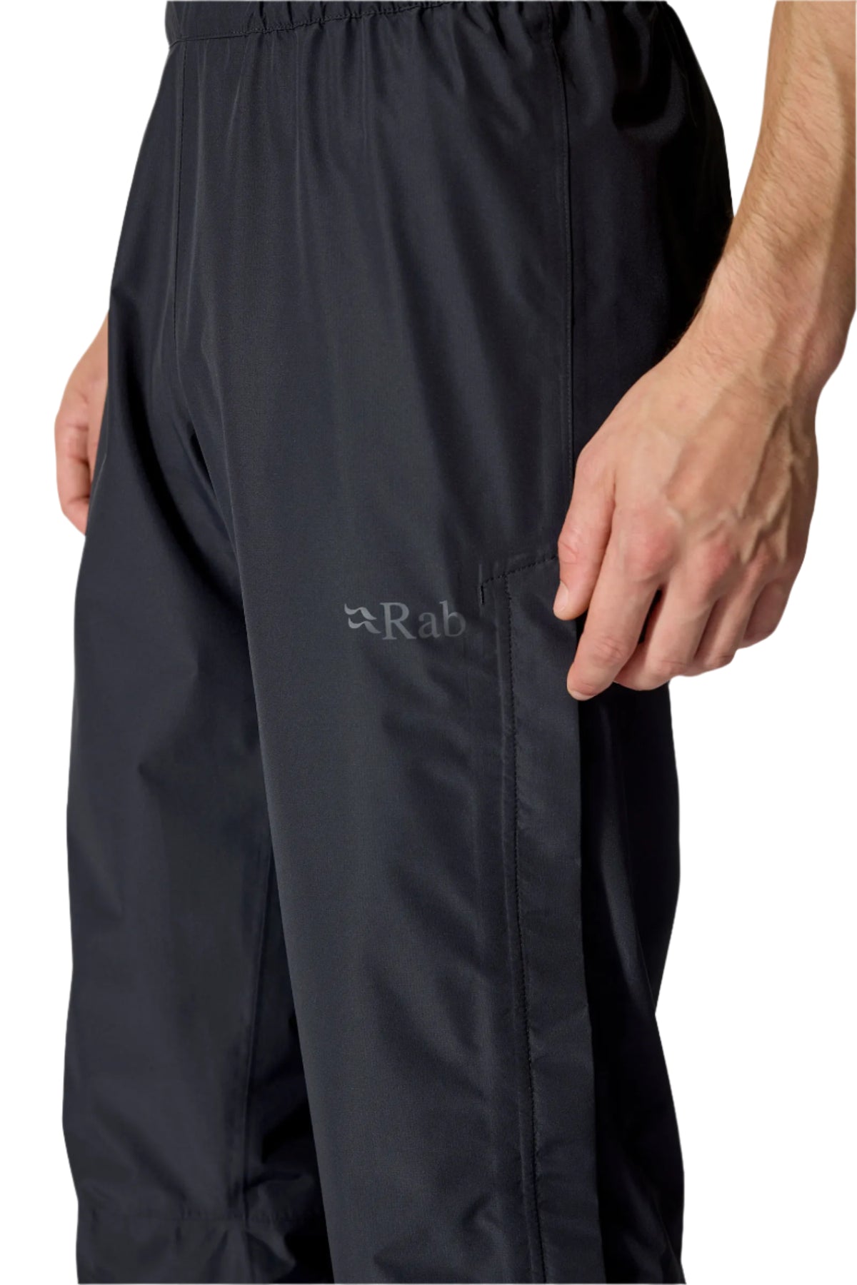 Rab Men's Downpour Waterproof Pants in Black - rear waistband detail, worn