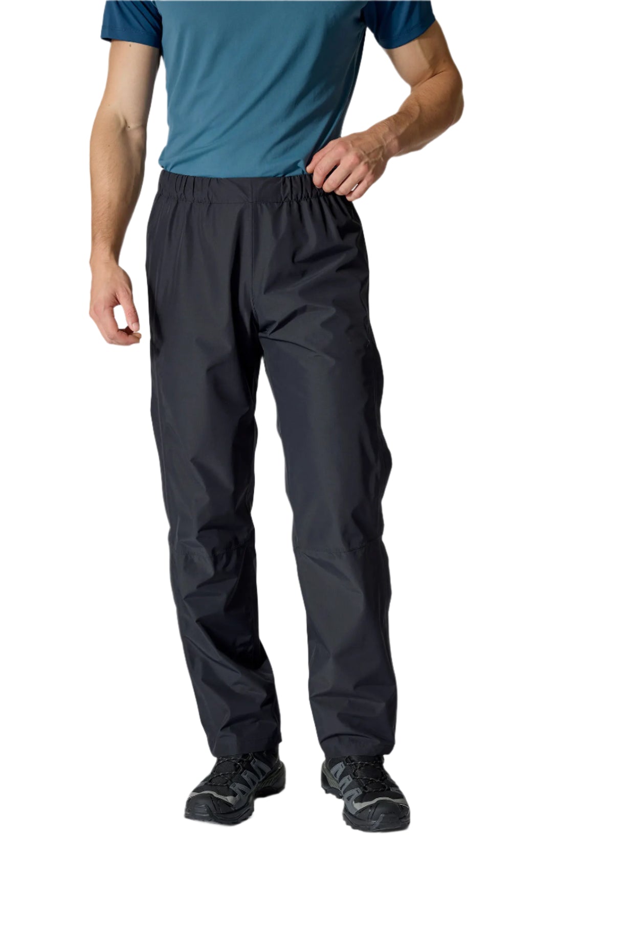 Rab Men's Downpour Waterproof Pants in Black - fabric detail, worn