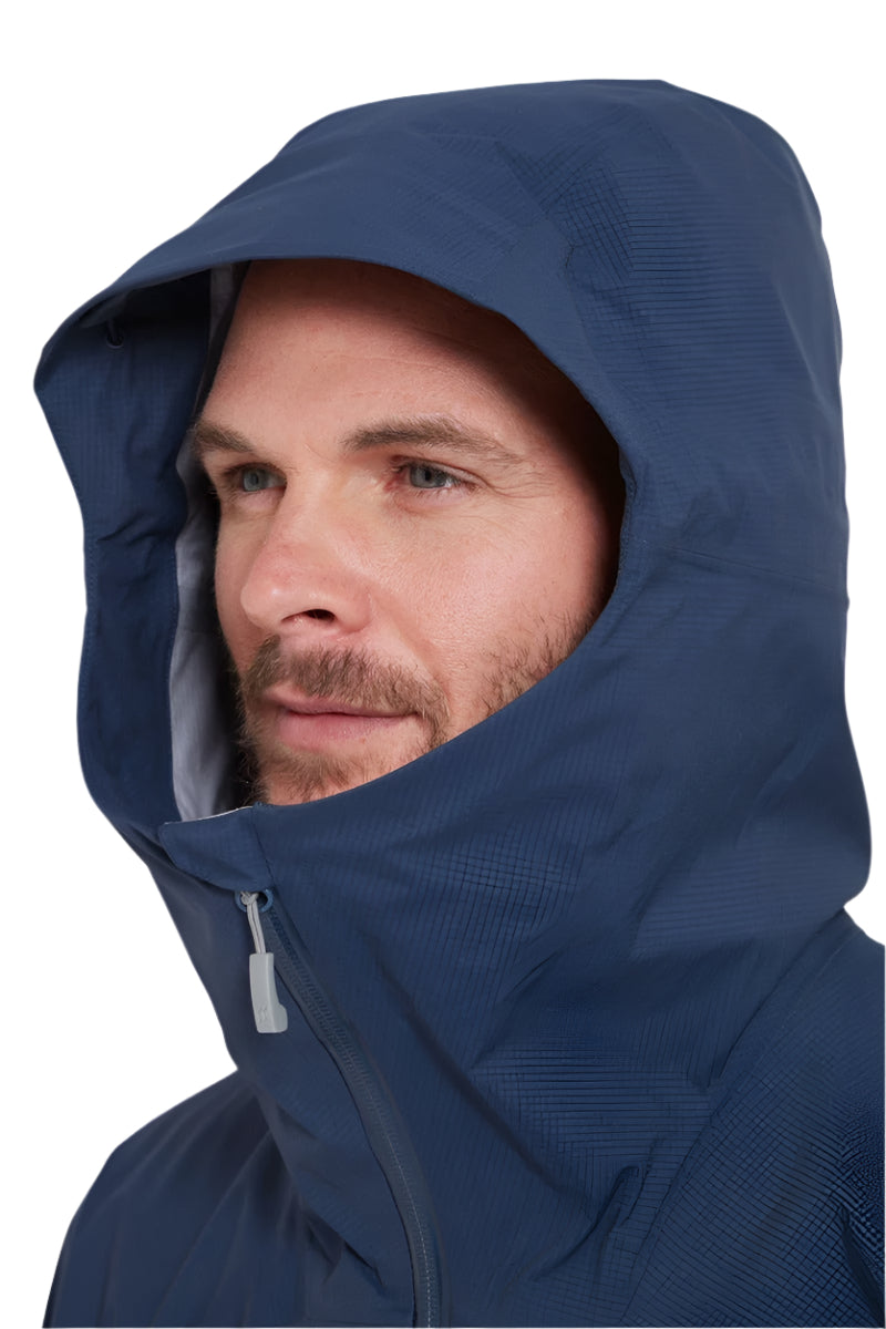 Rab Men's Firewall Light Waterproof Jacket in Tempest Blue - hood detail, worn (reference only, not a stocked colour)