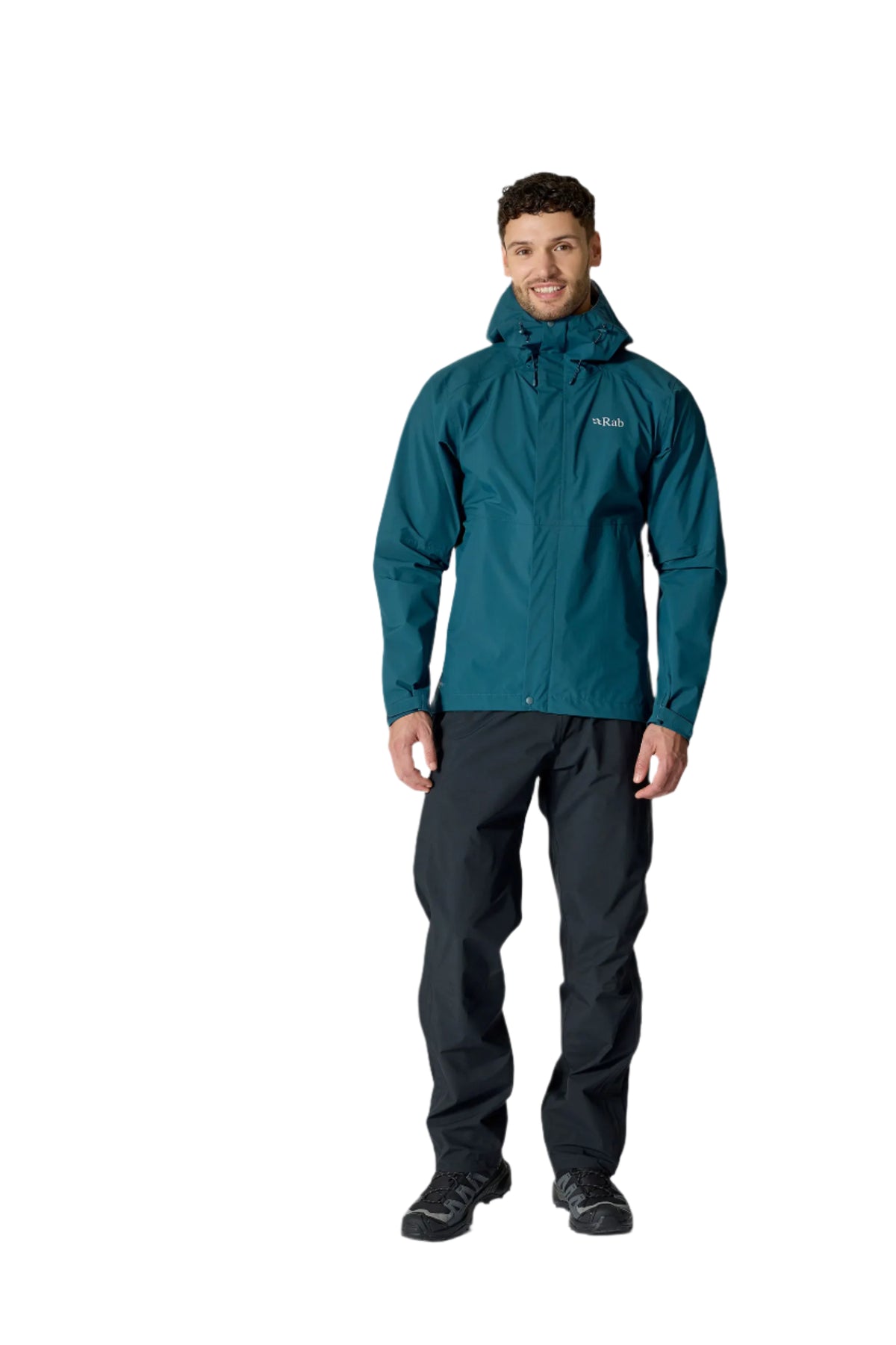 Rab Men's Firewall Waterproof Pants in Black - worn, front, with jacket