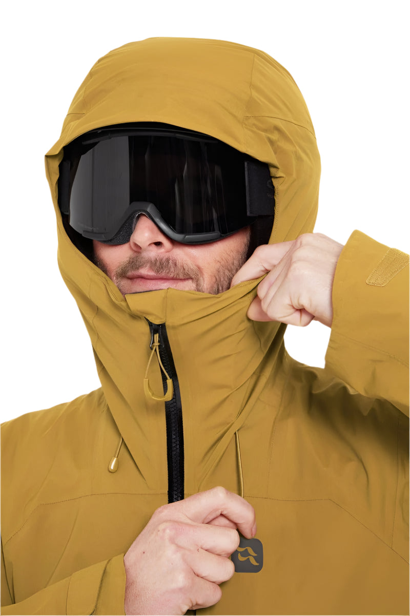 Rab Men's Khroma Diffract Insulated Ski Jacket in Footprint/Black - hood, worn