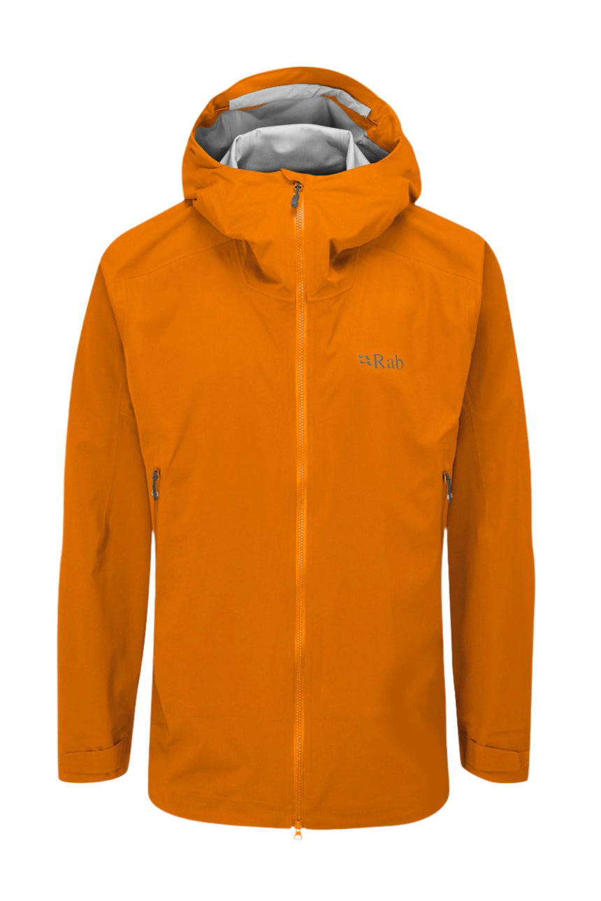Rab Men's Kinetic Alpine 2.0 Waterproof Jacket in Marmalade - flat lay, hood up