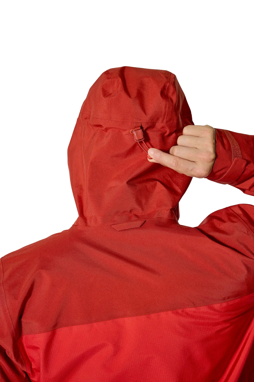 Rab Men's Latok Mountain GORE-TEX Pro Jacket in Tuscan Red/Dark Horizon (styling reference) - hood adjustment detail, worn, back