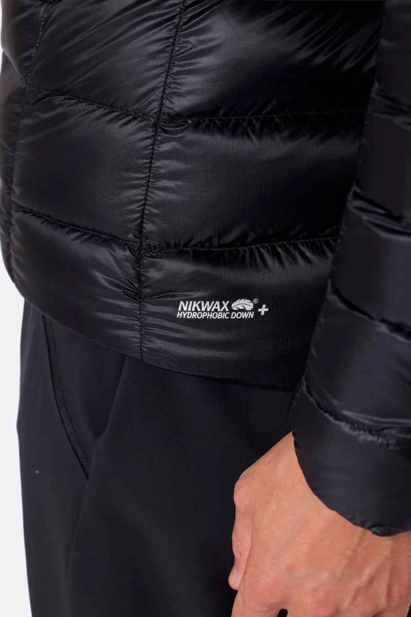 Rab Men's Mythic Alpine Down Jacket in Black - worn, front, hand pocket and zip detail
