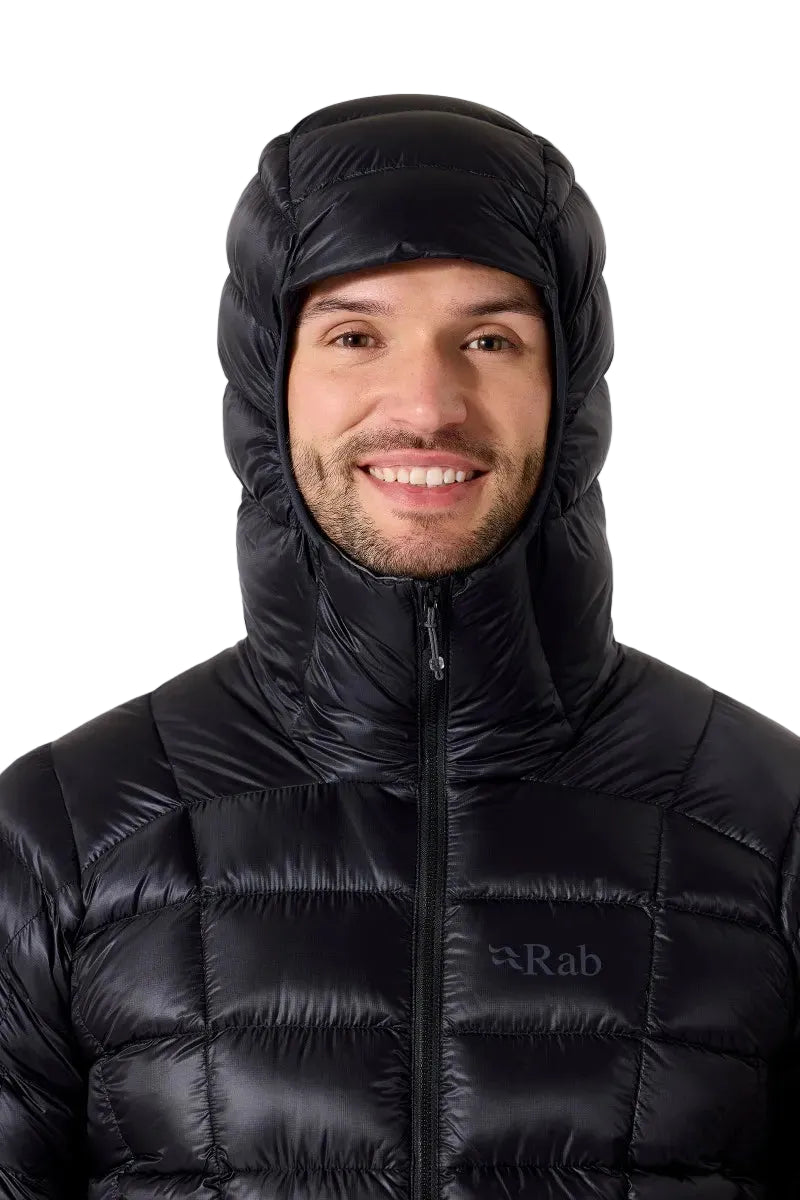 Rab Men's Mythic Alpine Down Jacket in Black - worn, hood up, front, detail