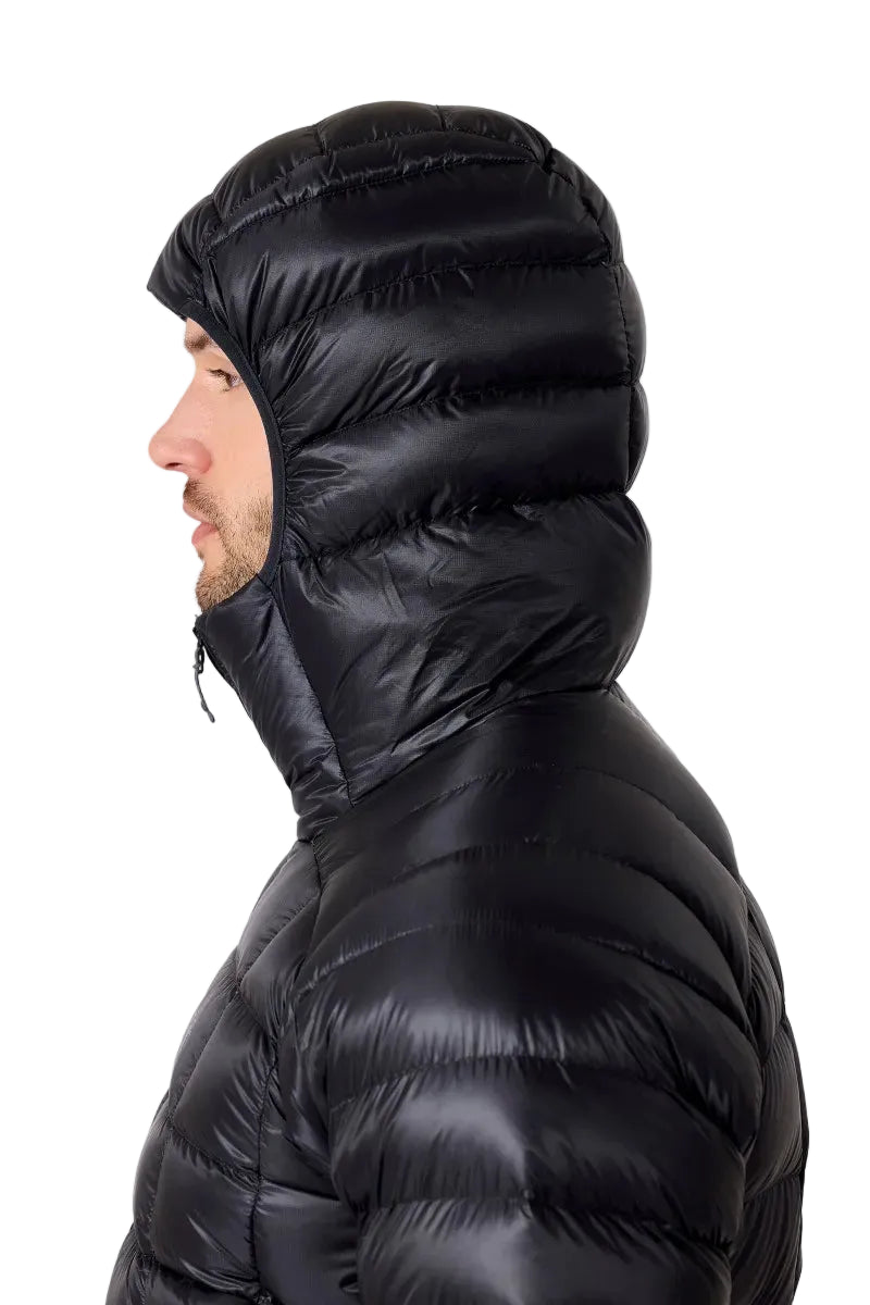 Rab Men's Mythic Alpine Down Jacket in Black - worn, hood up, side profile, detail
