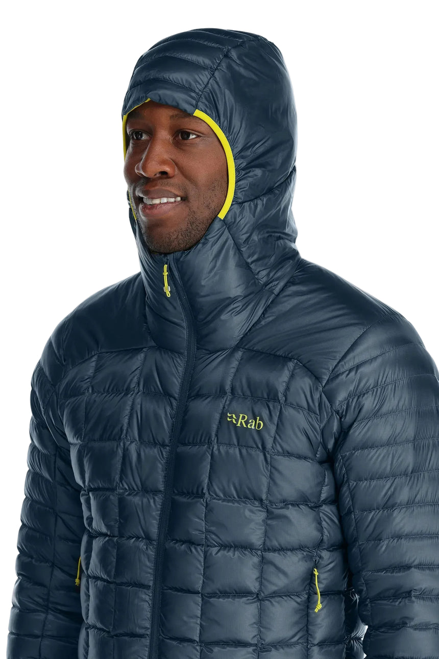 Rab Men's Mythic Alpine Light Down Jacket in Orion Blue (styling reference) - worn, hood up, detail