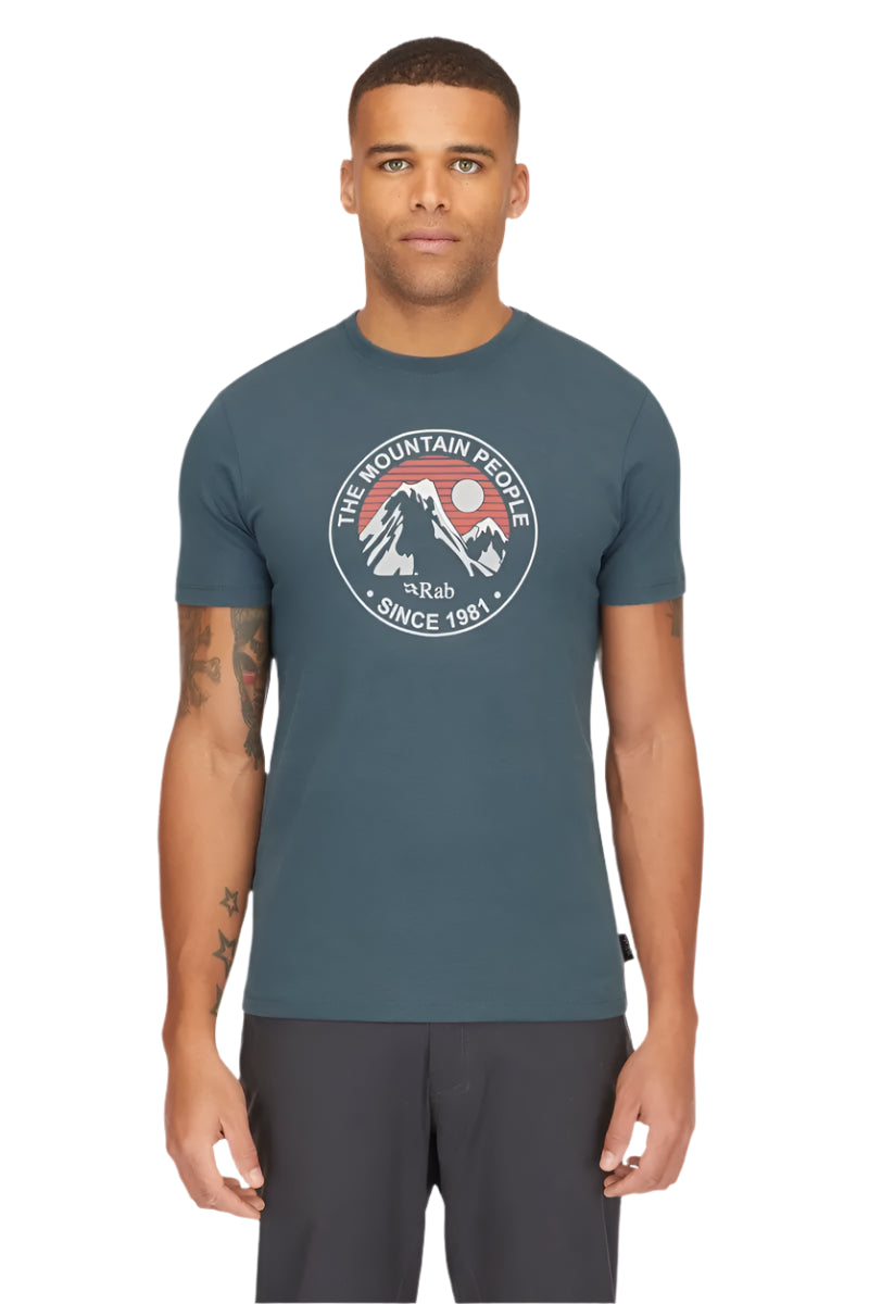 Rab Men's Stance Alpine Peak Tee in Orion Blue - worn, front crop
