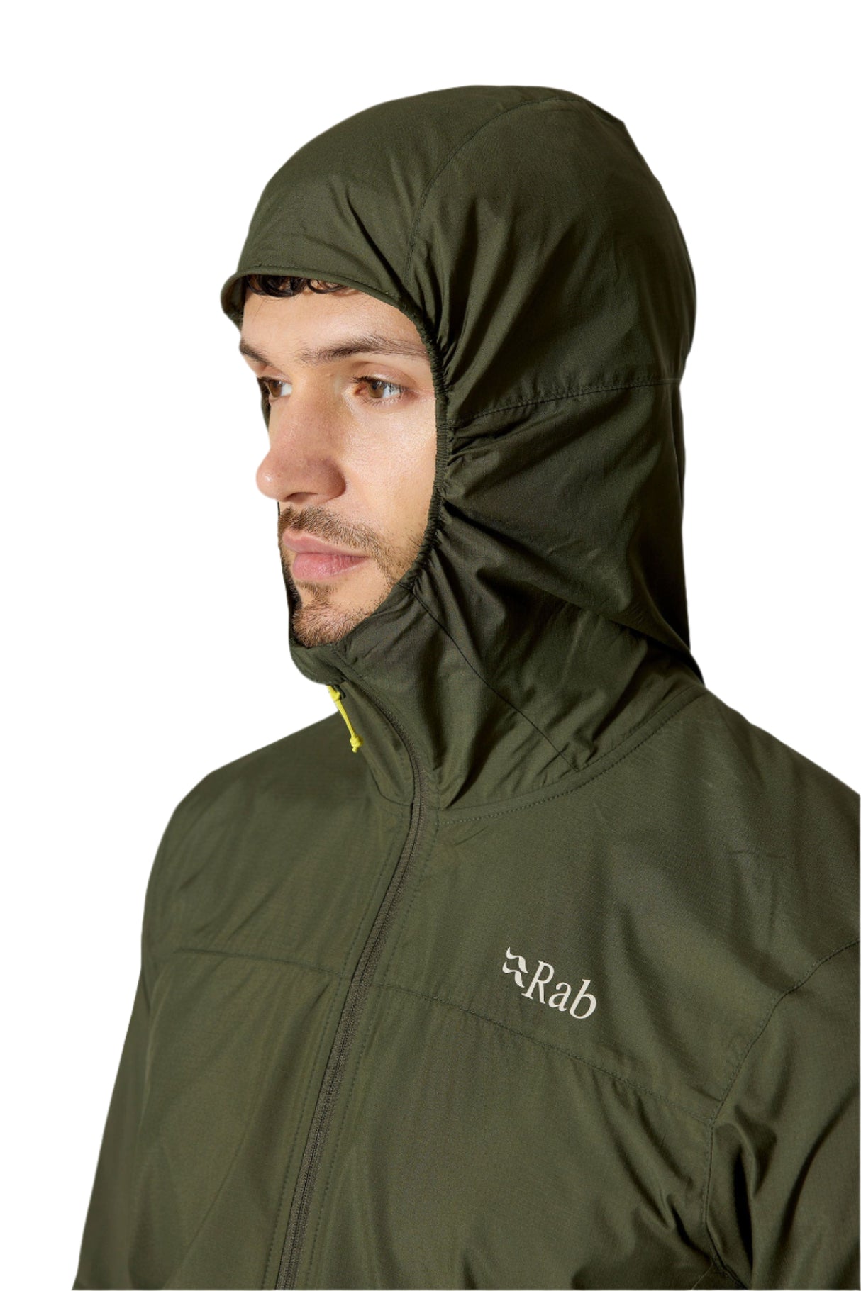 Rab Men's Windgather Hooded Jacket in Green - hood detail worn