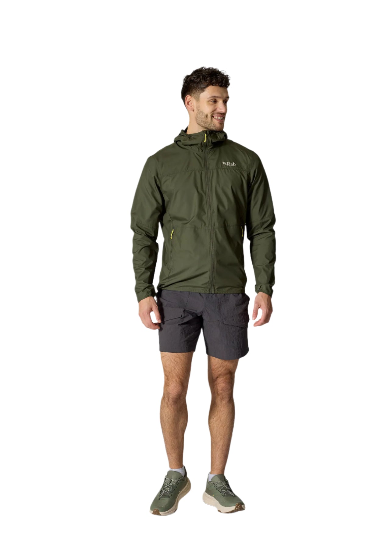 Rab Men's Windgather Hooded Jacket in Green - worn front