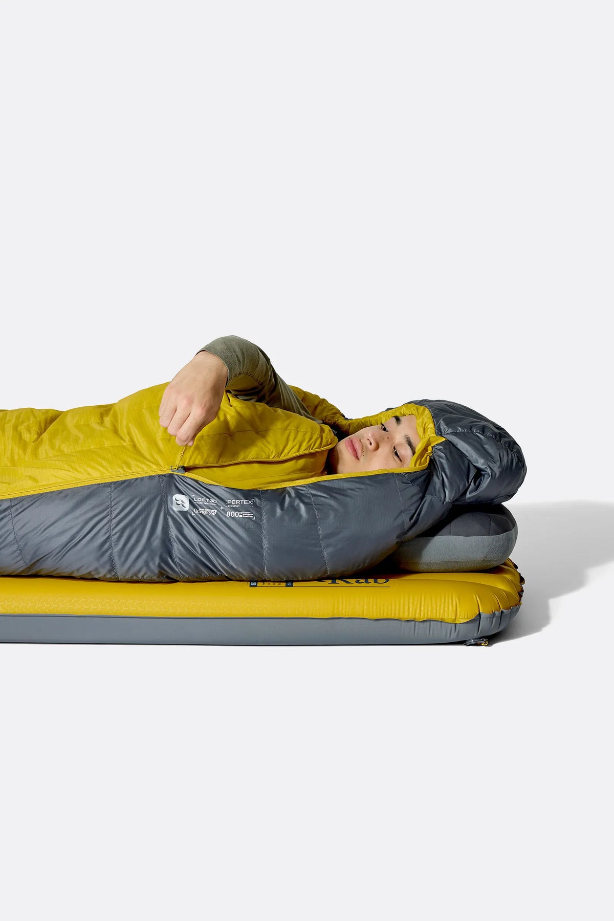 Rab Neutrino Down Sleeping Bag (-6°C/20F) in Graphene/Dark Pollen - Model Overhead View Hood Cinched