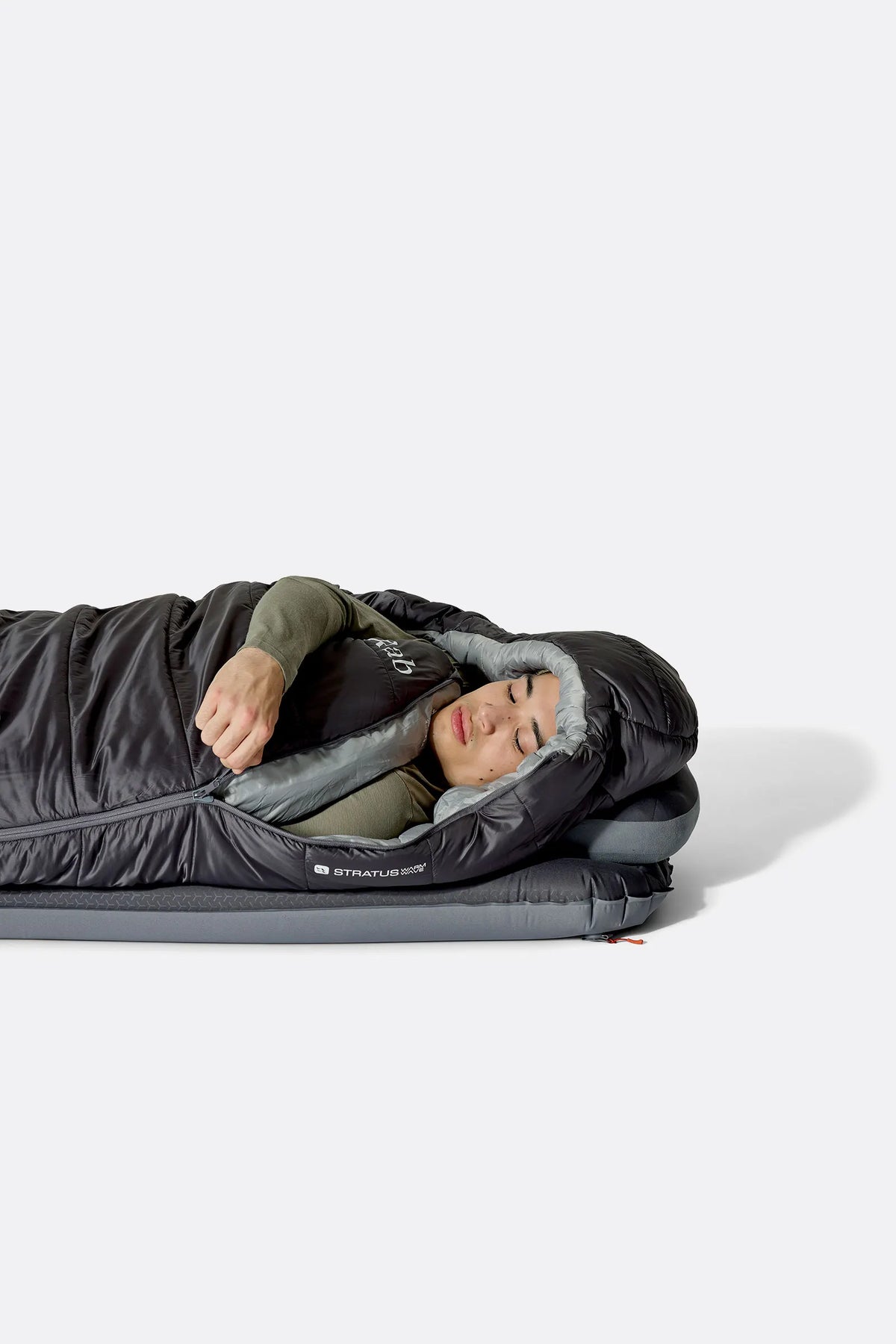 Rab Radeon Synthetic Sleeping Bag (-12°C/10F) in Sage/Graphene - worn, side sleeping