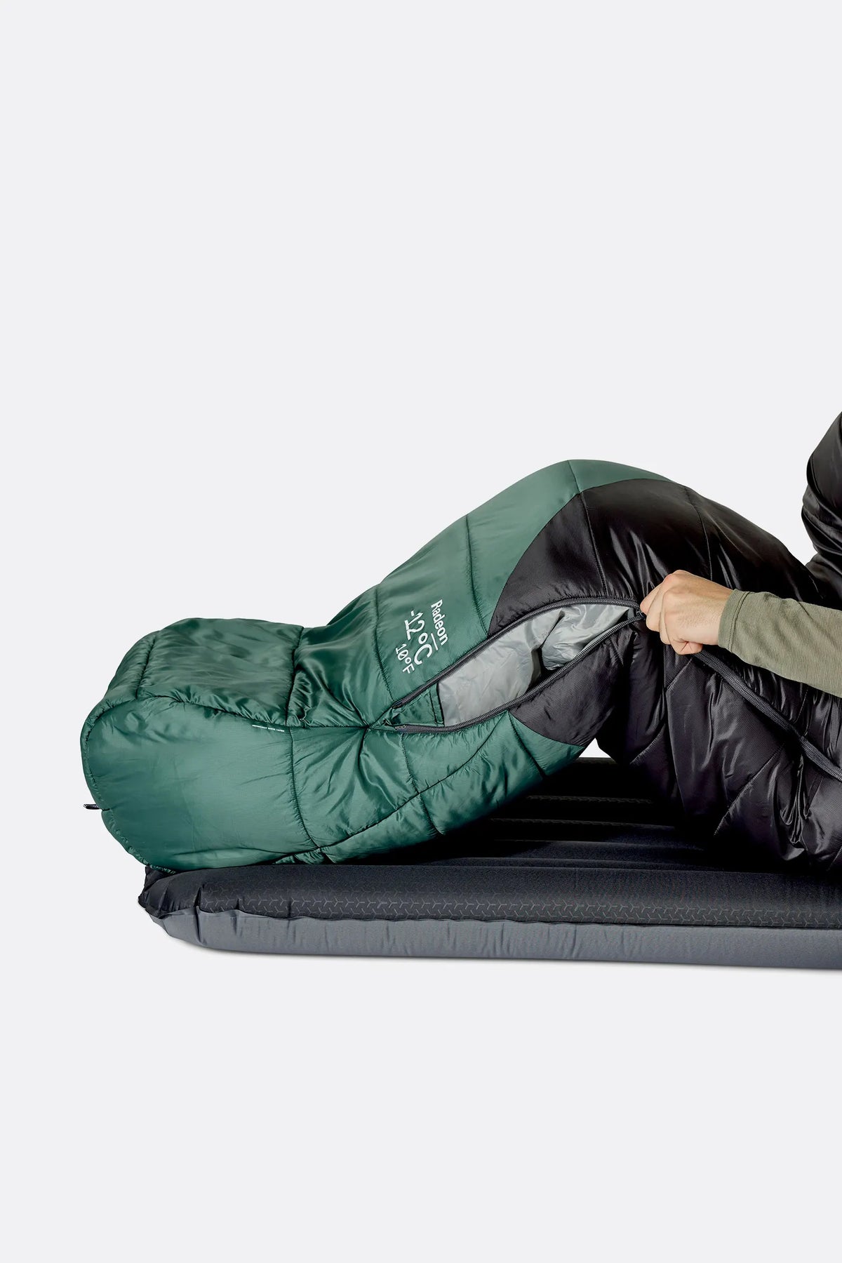 Rab Radeon Synthetic Sleeping Bag (-12°C/10F) in Sage/Graphene - worn, side sleeping