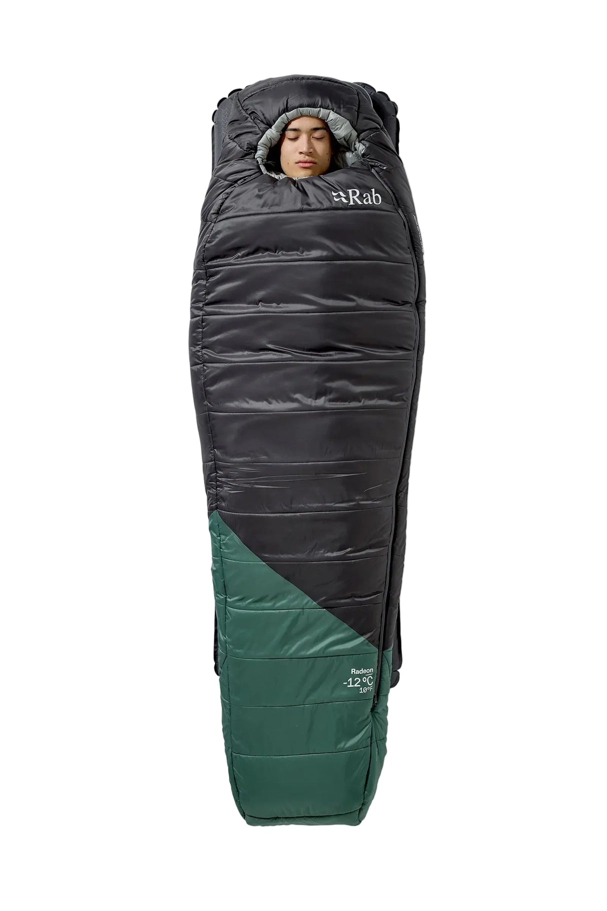 Rab Radeon Synthetic Sleeping Bag (-12°C/10F) in Sage/Graphene - worn, zip detail