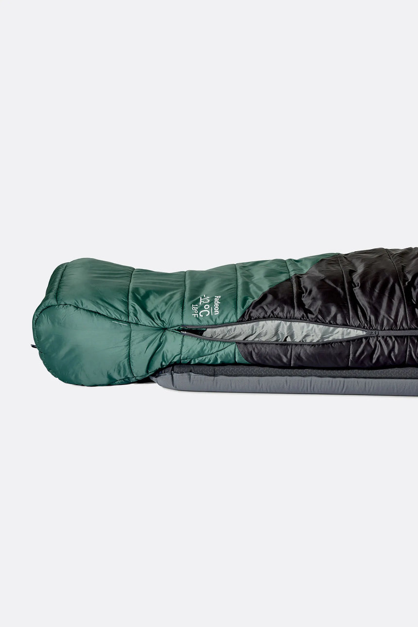 Rab Radeon Synthetic Sleeping Bag (-12°C/10F) in Sage/Graphene - worn