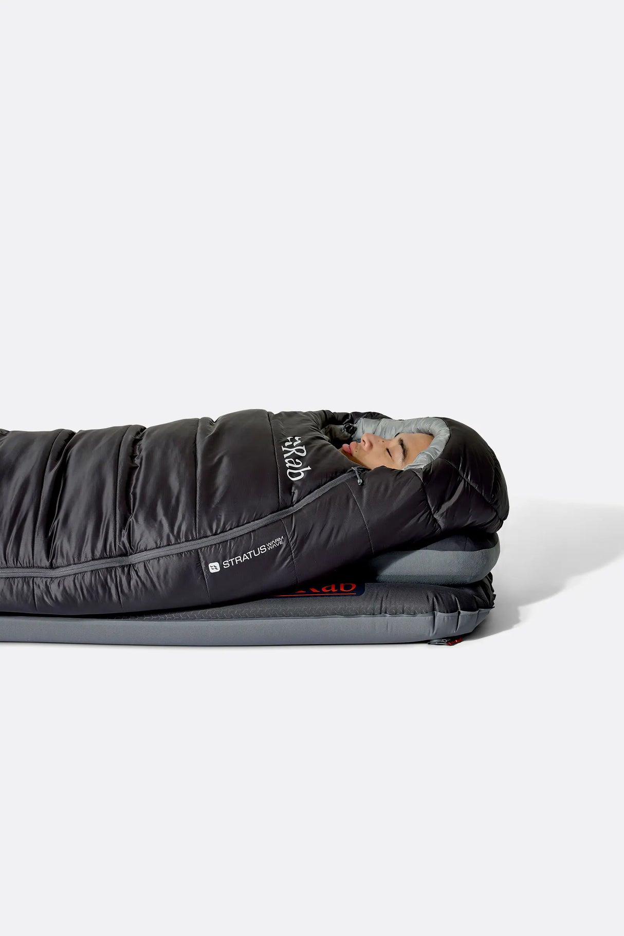 Rab Radeon Synthetic Sleeping Bag (-6°C/20F) in Sage/Graphene - worn, side sleeping close-up