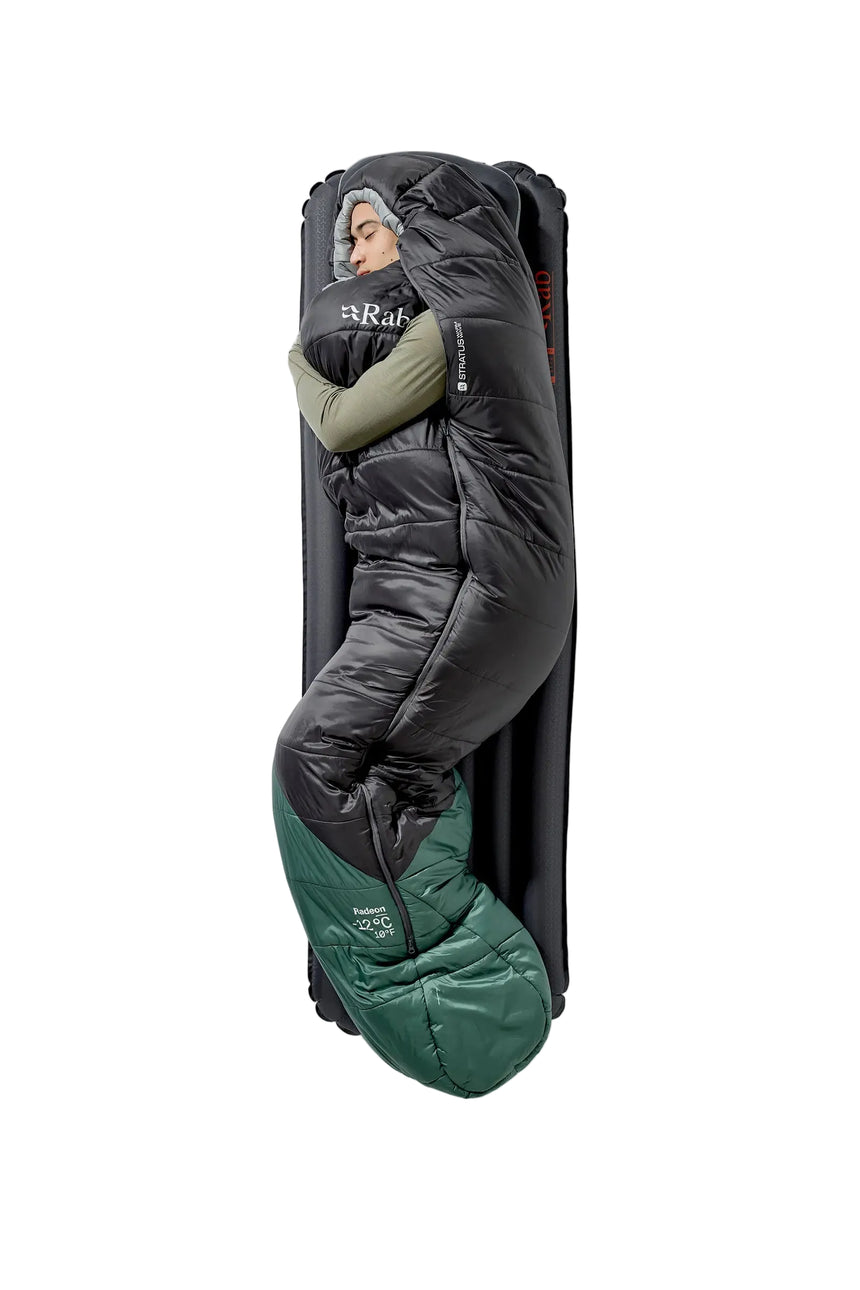 Rab Radeon Synthetic Sleeping Bag (-6°C/20F) in Sage/Graphene - worn, standing