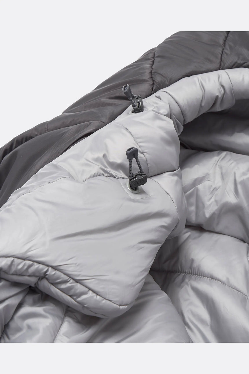 Rab Radeon Synthetic Sleeping Bag (6°C/43F) in Sage/Graphene - side, angled