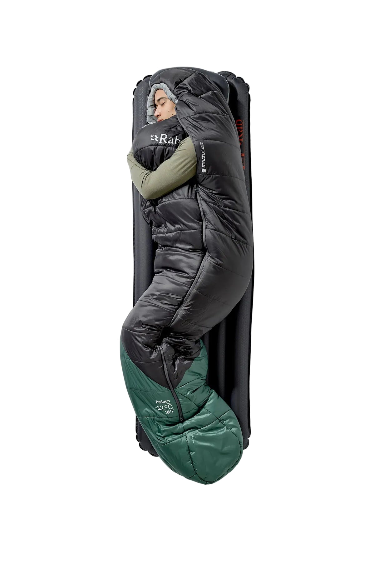 Rab Radeon Synthetic Sleeping Bag (6°C/43F) in Sage/Graphene - worn, standing